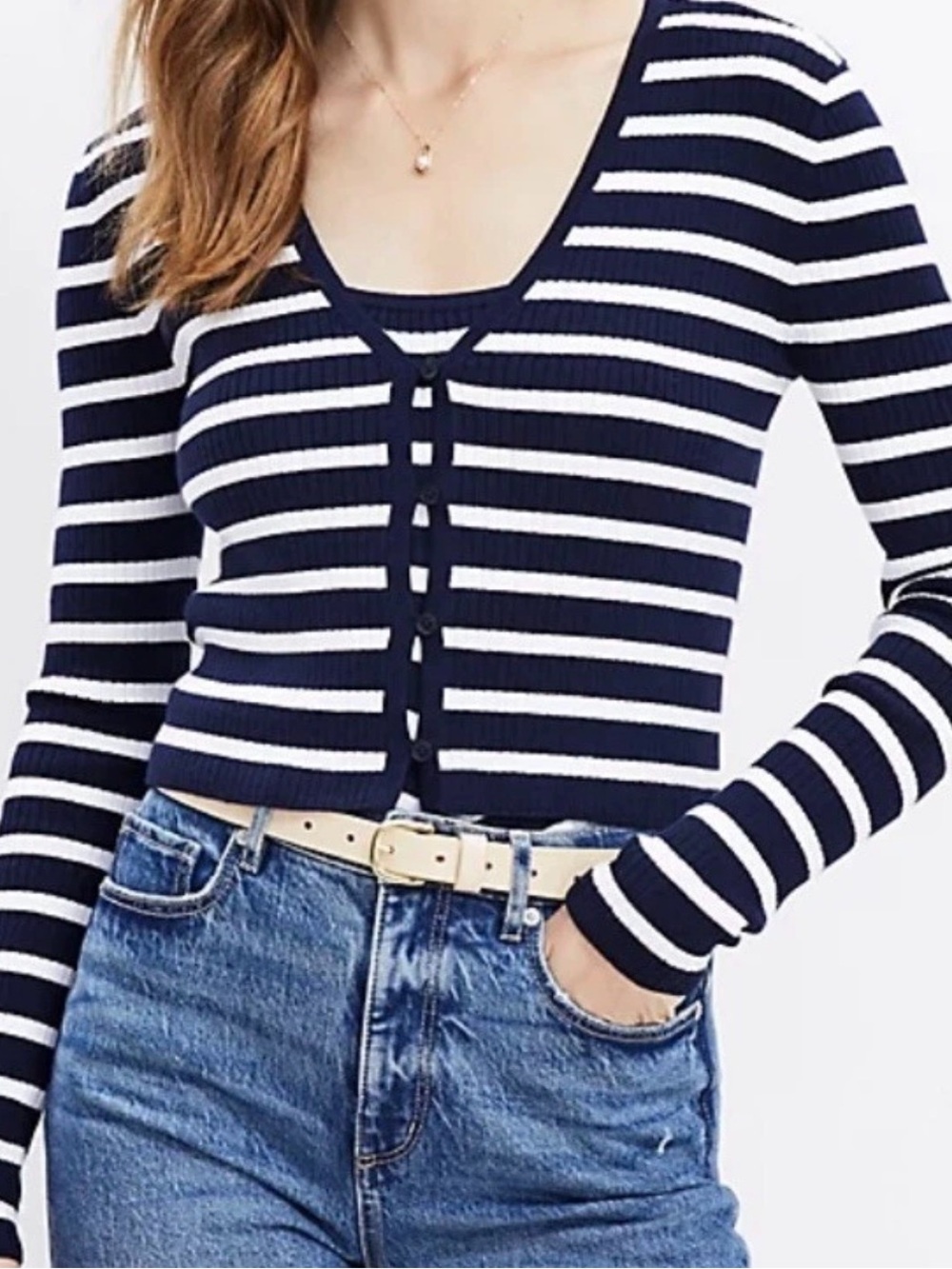 LOFT Navy & White Striped Button-Front Cropped Cardigan and Tank